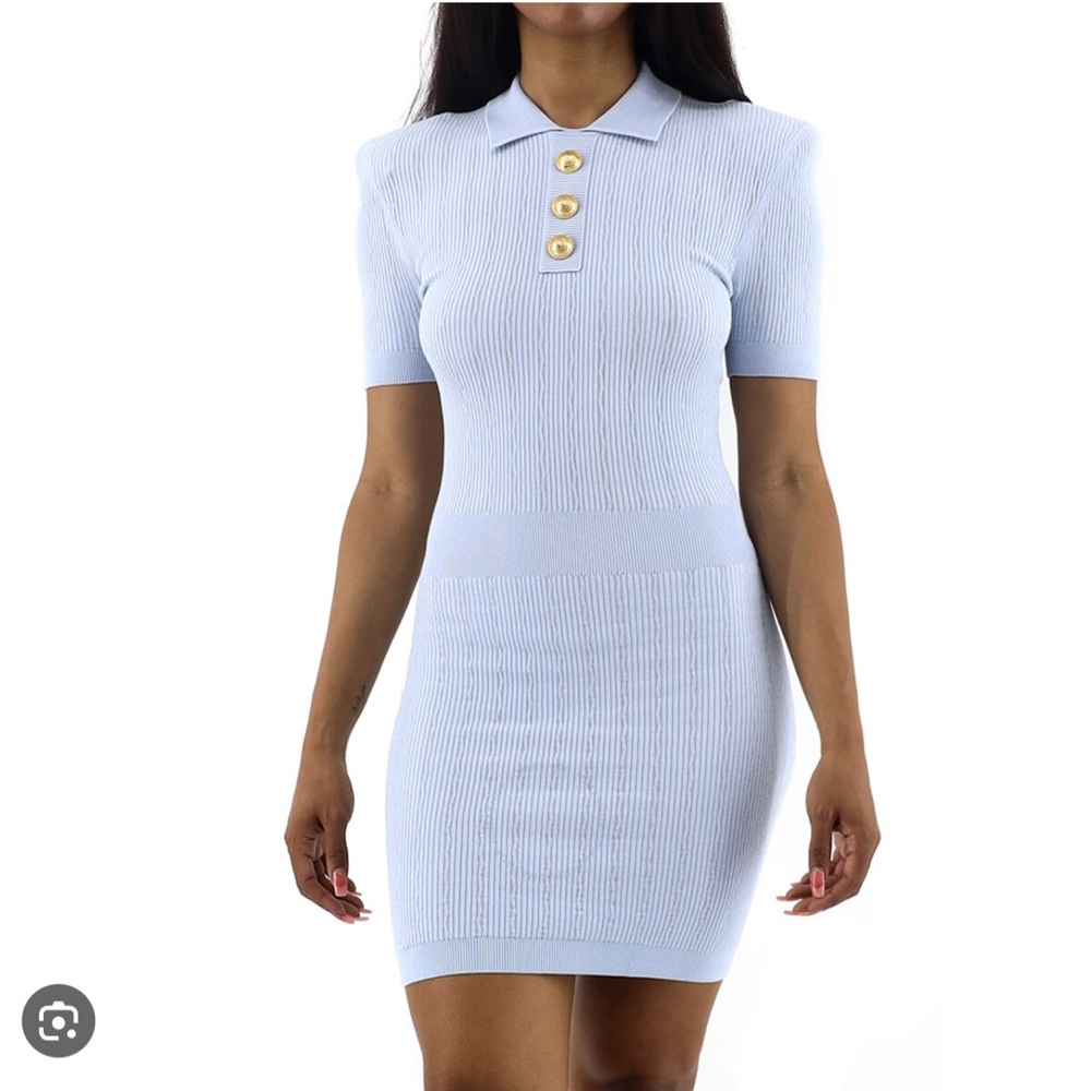 Balmain Short Sleeve Polo Knit Mini Dress (Blue)